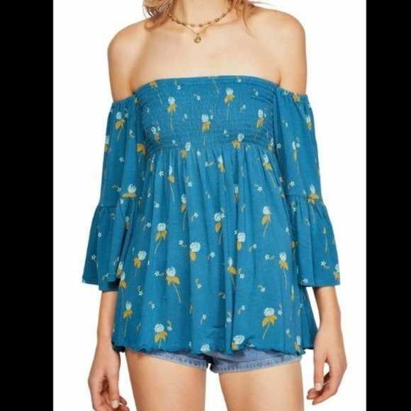 Free People Lana Floral SMALL Smocked Off Shoulder Mermaid Floral Strapless Top - Picture 2 of 9